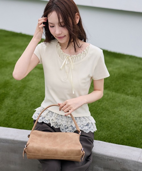 ANNA MOLINARI 半袖 トップス レース フリル ヘンリーネック tシャツ 半袖 裾ティアードレースフリルレイヤード風