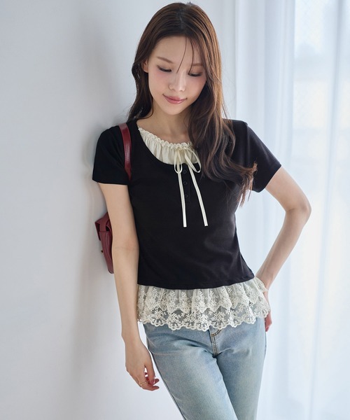ヘンリーネック tシャツ 半袖 裾ティアードレースフリルレイヤード風