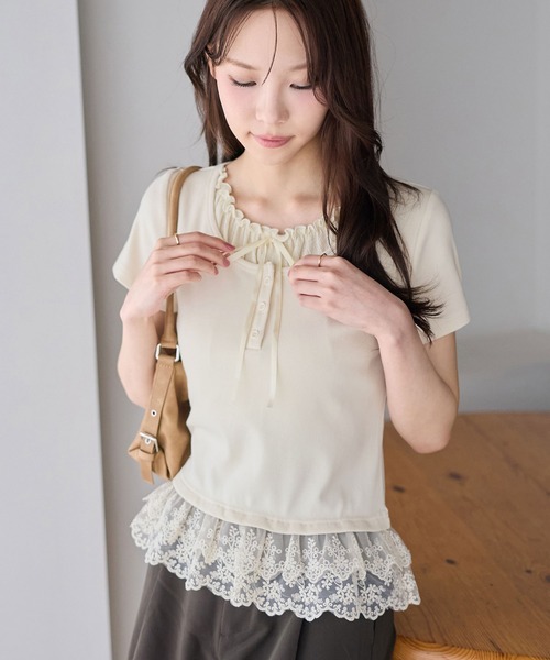 ANNA MOLINARI 半袖 トップス レース フリル ヘンリーネック tシャツ 半袖 裾ティアードレースフリルレイヤード風
