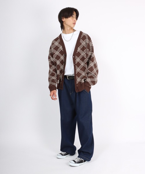 カーディガン ラインチェック柄Vネックニットカーディガン メンズ