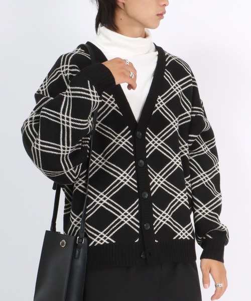 カーディガン ラインチェック柄Vネックニットカーディガン メンズ
