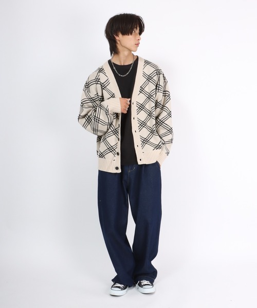 カーディガン ラインチェック柄Vネックニットカーディガン メンズ