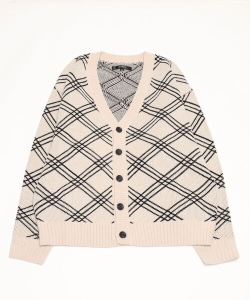 カーディガン ラインチェック柄Vネックニットカーディガン メンズ