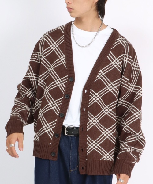 カーディガン ラインチェック柄Vネックニットカーディガン メンズ