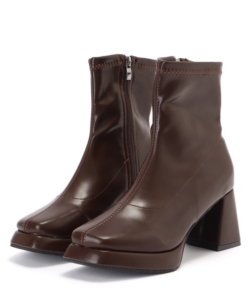 Lace Ladies ブーツ チャンキーヒールレザー調スクエアショートブーツ