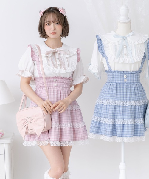 はっぱ　  しろねこ ローズピンク✕ ライトグレー フリル DearMyLove ブラウス シャツ ヨークフリルはしごレースうさみみ