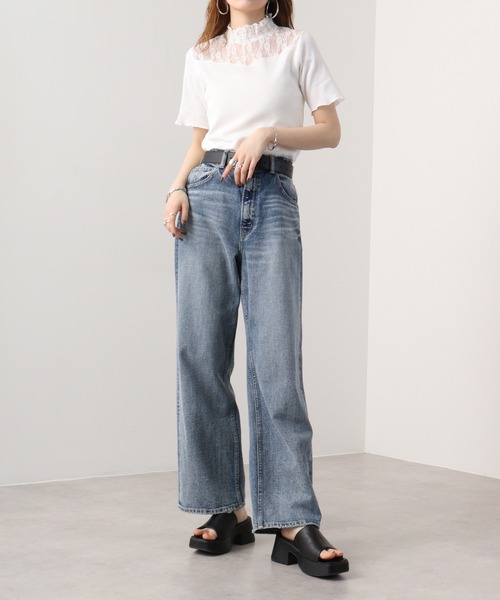 値段が激安 FUNALIVE レディース レース使いハイネック半袖Tシャツ tシャツ メンズウェア