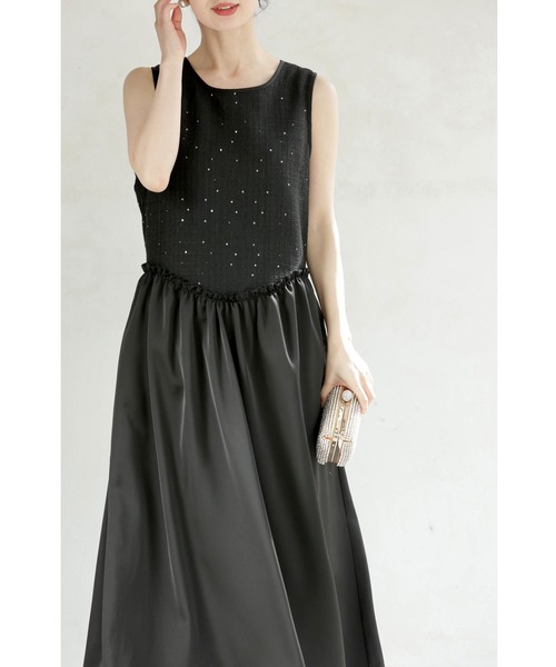 cawaii ワンピース スパンコール煌めくツイード調トップスと艶スカート