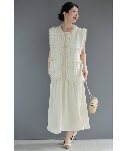 cawaii ワンピース スパンコール煌めくツイード調トップスと艶スカート