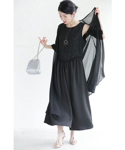 再入荷7月19日 スパンコール煌めくツイード調トップスと艶スカートのドッキングワンピース cawaii w60425ps S~M対応 オケージョン パーティー 体型カバー ブラック アイボリー 春服 春物 夏 夏服 夏物 上品 キレイめ レディース ファッション 母の日 cawaii ワンピース スパンコール煌めくツイード調トップスと艶スカート