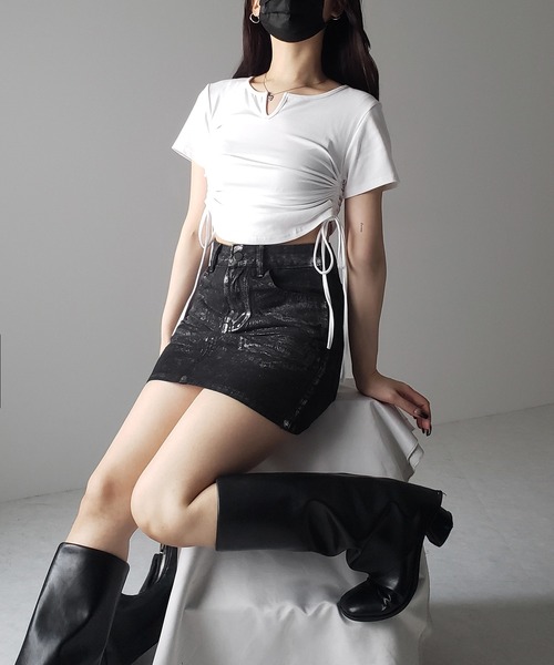 フリンジリボントップス　シェリミー セール】リボンプリントシャーリングトップス（Tシャツ