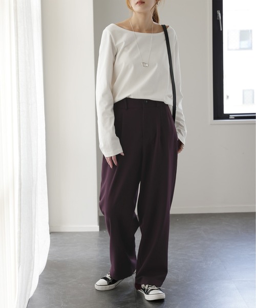 ❤️美品❤️LOHEN 裾ゴムタックパンツ　ネイビー　フリーサイズ bottoms-02294 バックゴム ツータック ワイドパンツ ネイビー