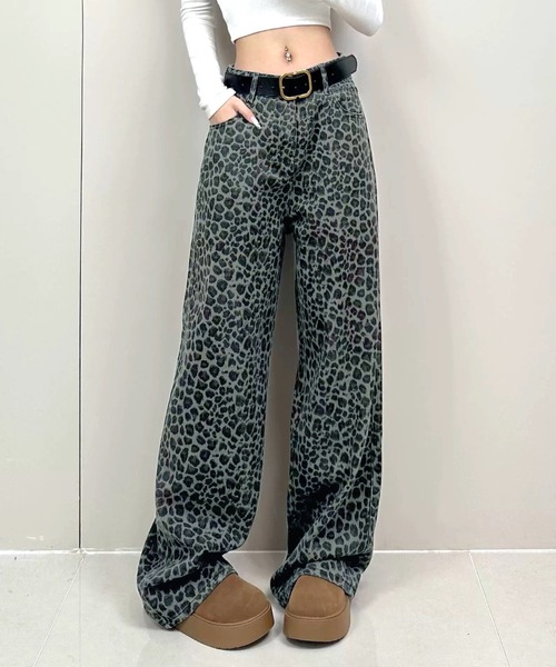 SHEENA ジーンズ デニム デニムパンツ レオパード柄ワイドパンツ