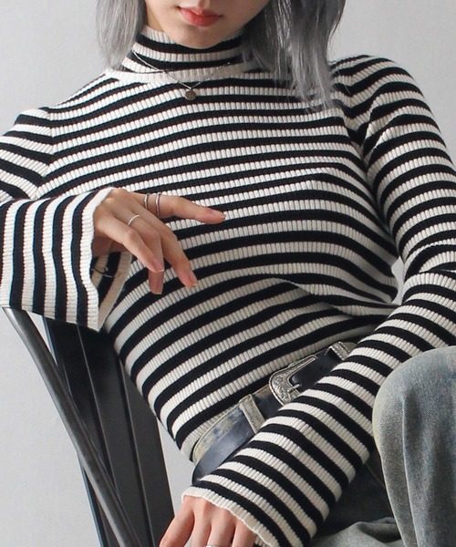 SpRay ニット セーター モチモチリブボーダーフレアスリーブハイネック  