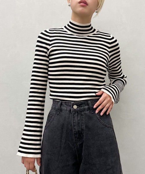 SpRay ニット セーター モチモチリブボーダーフレアスリーブハイネック  