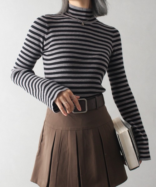 SpRay ニット セーター モチモチリブボーダーフレアスリーブハイネック  