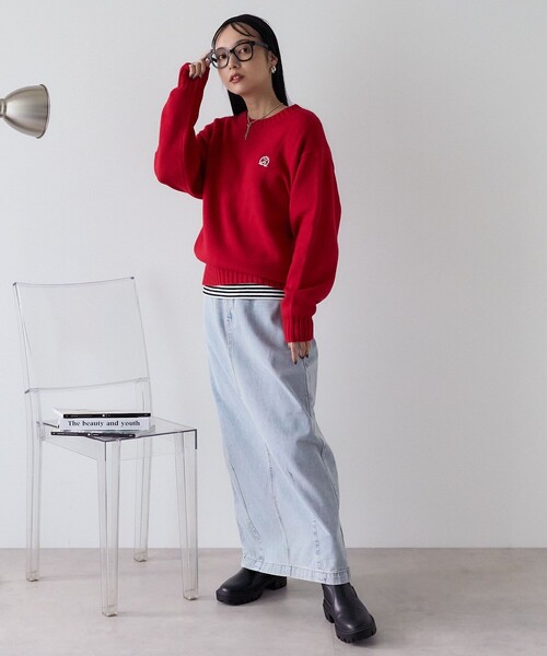 ニット セーター フロント刺繍クルーネックニットプルオーバー レディース FREAK'S STORE ニット セーター エンブレム クルーネック ニット