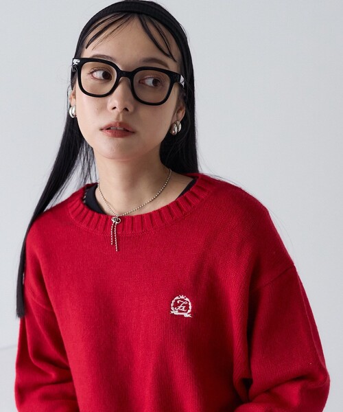 ニット セーター フロント刺繍クルーネックニットプルオーバー レディース LAKOLE ニット セーター 刺繍ロゴモールニットプルオーバー