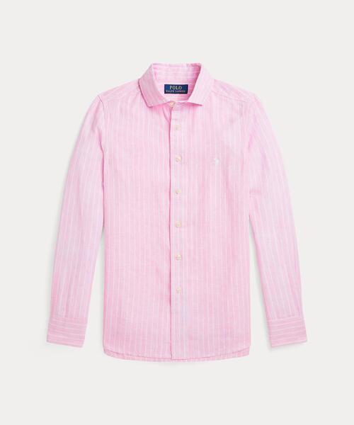 【美品】ラルフローレン　ストライプリネンシャツ　ピンク　XS Mサイズ相当 ラルフローレン ストライプリネンシャツ ピンク XS Mサイズ相当