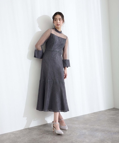 シースルーパーティードレス パーティードレス シースルー セットアップ ワンピース ミモレ丈