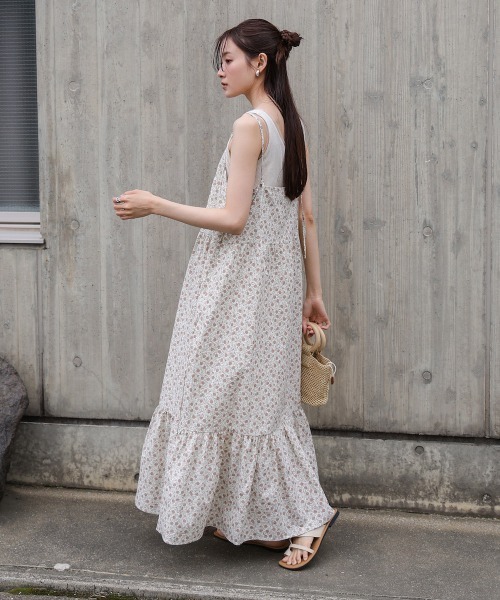23SS bonjour diary キャミ ワンピース 花柄 リボン 12y 花柄レース地 BACKリボン チュールスリット ロングキャミ