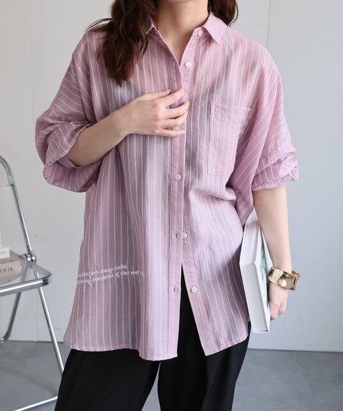 ap retro ブラウス シャツ ストライプロゴ刺繍シャツ / シアー