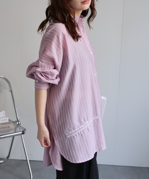ap retro ブラウス シャツ ストライプロゴ刺繍シャツ / シアー