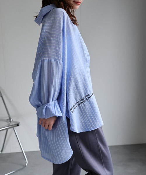 ap retro ブラウス シャツ ストライプロゴ刺繍シャツ / シアーシャツ 