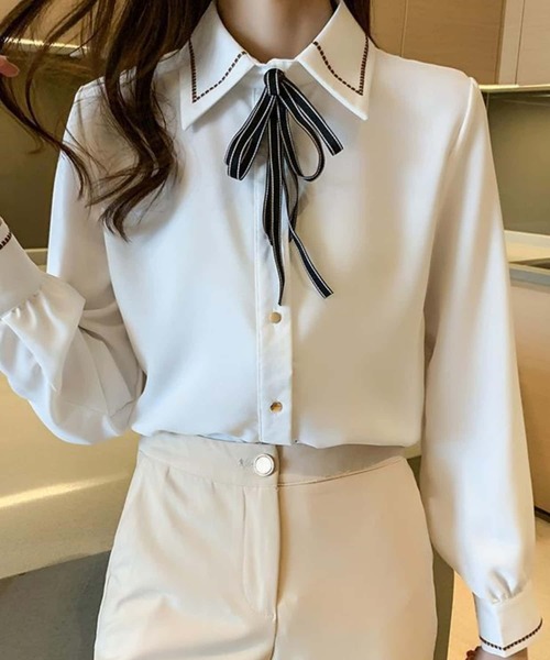 MAISON DE THERESE ブラウス シャツ 紐リボン付 無地シャツ