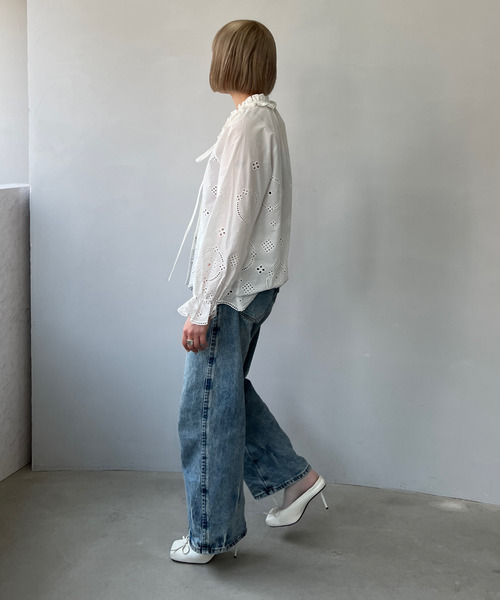 ブラウス シャツ フリルVネック パンチングレース コットン