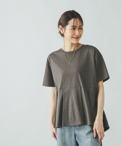 BLUELEA ペプラムデザイン 半袖Tシャツ ブラック/ベージュ UVカット・吸水速乾】 “きれい見え” バックペプラムトップス