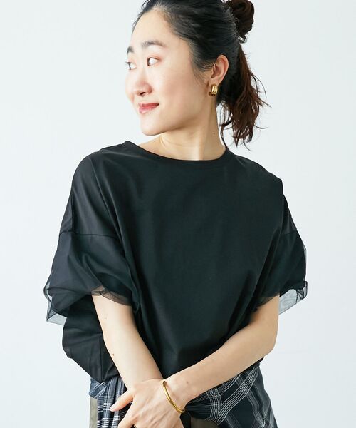 tシャツ 「手洗い可能」チュールねじりスリーブフレンチプルオーバー レディース