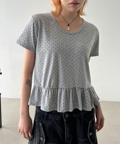 4INT. tシャツ ラブリー ドット フリル 切り替え 半袖 Tシャツ