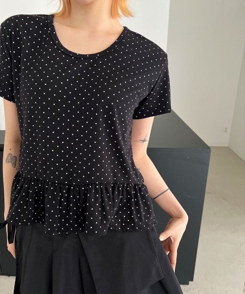 4INT. tシャツ ラブリー ドット フリル 切り替え 半袖 Tシャツ