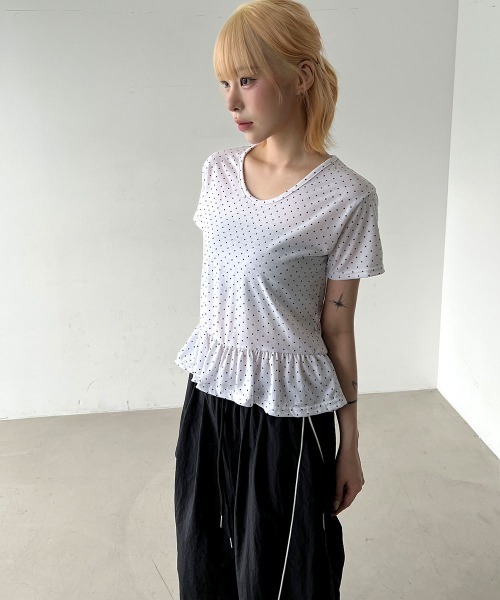 4INT. tシャツ ラブリー ドット フリル 切り替え 半袖 Tシャツ