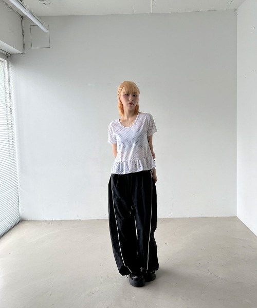 4INT. tシャツ ラブリー ドット フリル 切り替え 半袖 Tシャツ