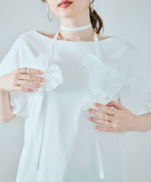 tシャツ フラワーモチーフヒモ付きカットソー レディース
