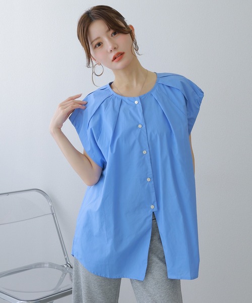 ブラウス シャツ 半袖 cotton tuck front slit blouse /コットンタック
