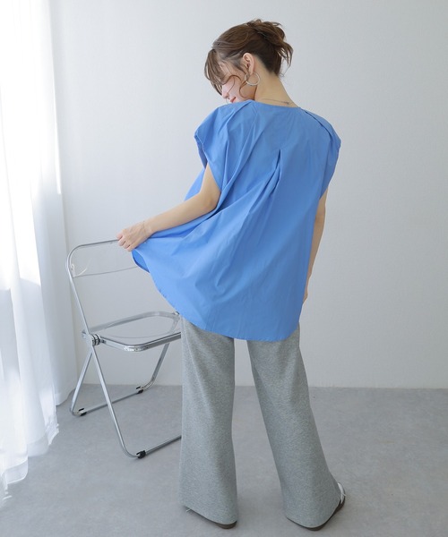 ブラウス シャツ 半袖 cotton tuck front slit blouse /コットンタック