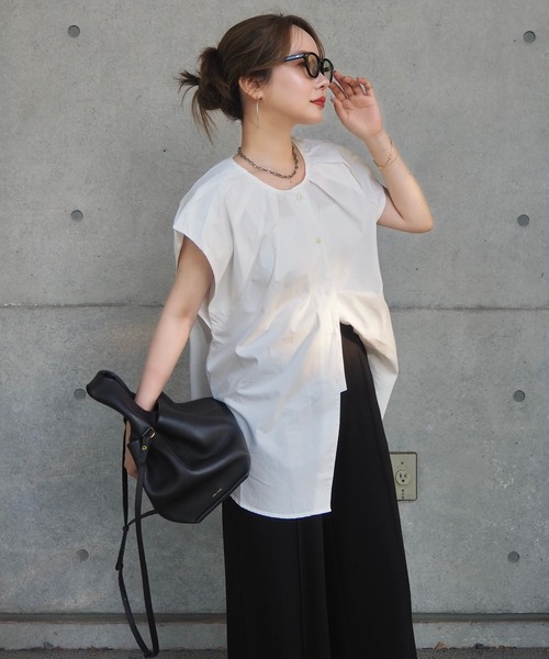 ブラウス シャツ 半袖 cotton tuck front slit blouse /コットンタック