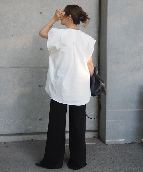 ブラウス シャツ 半袖 cotton tuck front slit blouse /コットンタック