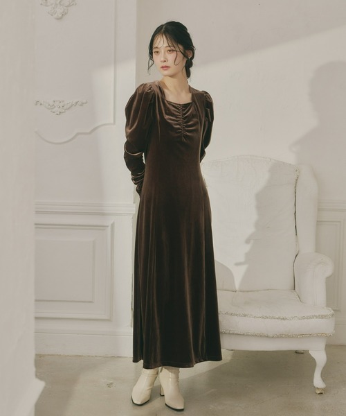 Olu.（オルドット） ドレス フロントギャザーベロアワンピース