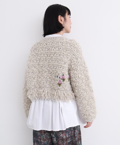 アトリエドゥサボン　ネパールハンドニット　カーディガン　グレー　花柄　刺繍　F アトリエドゥサボン ネパールハンドニット カーディガン グレー 花柄