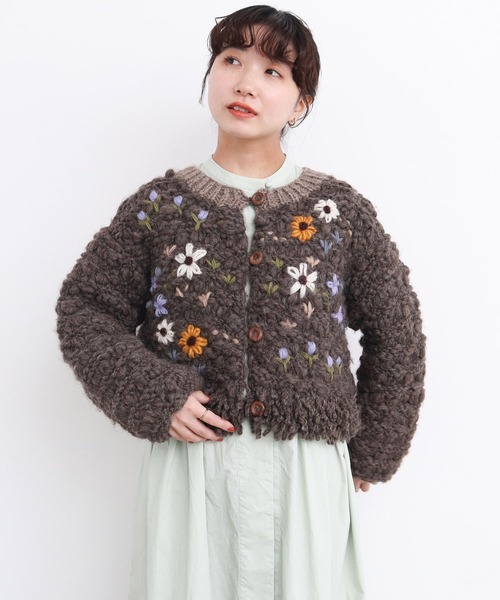 vintage 立体的花柄刺繍ぽんぽんハンドニットセーター ウール ゆったり ヴィンテージ ハンドニット3D刺繍カーディガン ウール イタリア製