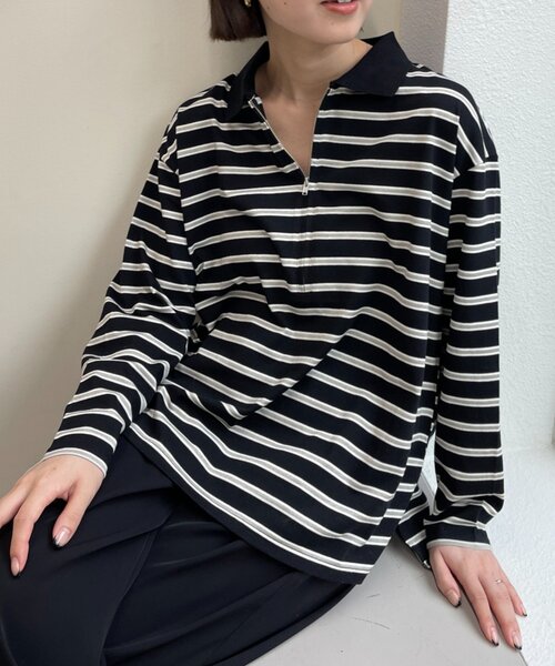 Omekashi（オメカシ） tシャツ 襟付きマルチカラーボーダーロングT