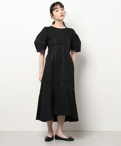 新品タグ付　LANVIN en Bleu 襟付き黒ワンピース 38 LANVIN en Bleu 「LANVIN Bleu」 半袖ワンピース 38 ブラック