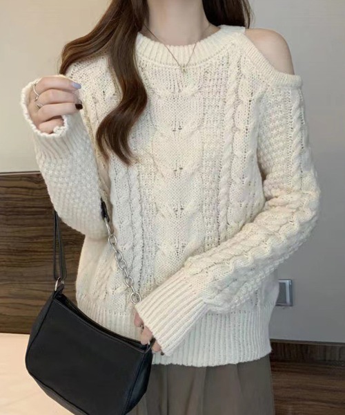 オフショルダー ケーブルニットセーター アイボリー ニット セーター オフショルダーケーブルニット レディース : ZOZOTOWN