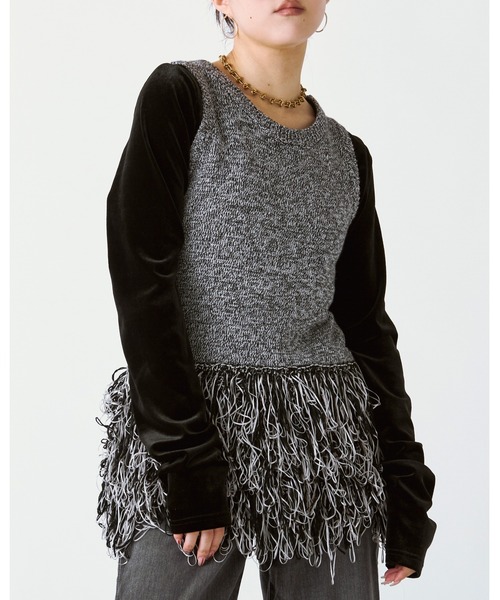 Ezick ベスト ジレ Fringe mix knit/ノースリーブヘムフリンジニット