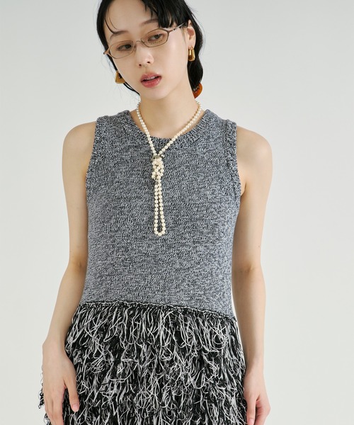 Ezick ベスト ジレ Fringe mix knit/ノースリーブヘムフリンジニット