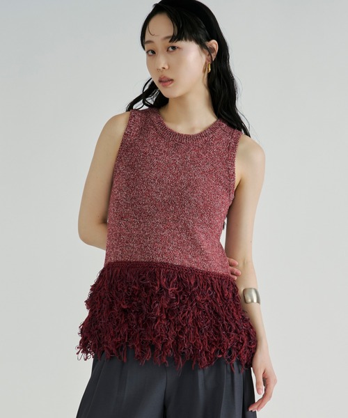 Ezick ベスト ジレ Fringe mix knit/ノースリーブヘムフリンジニット